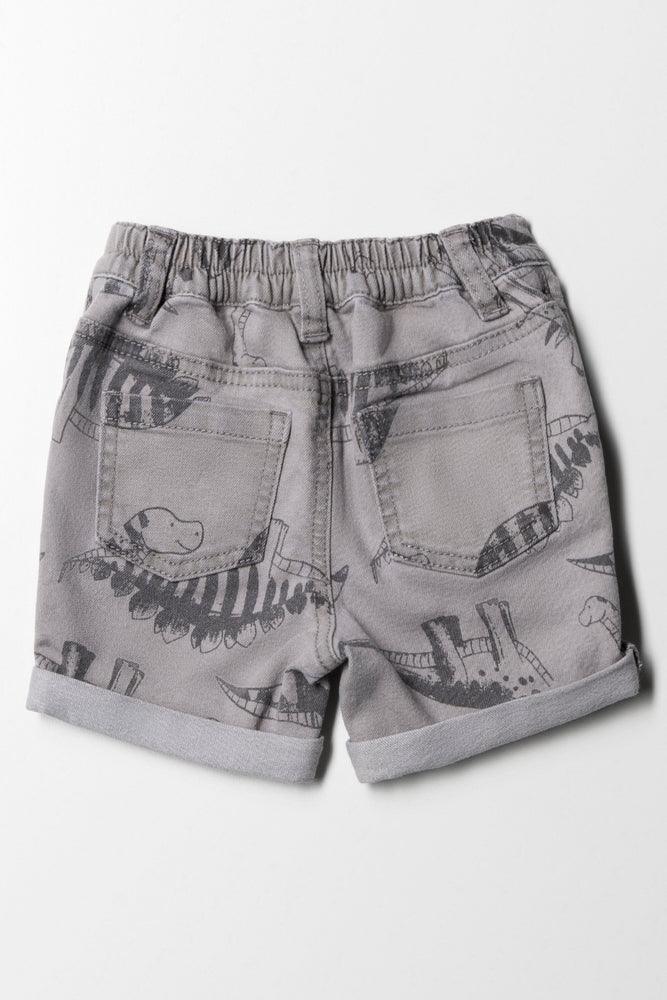 Styled Denim Dinosaur Printed Shorts Grey