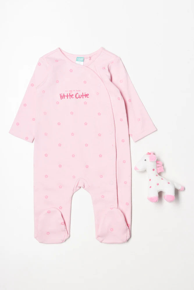 Flower Babygrow With Toy Pink