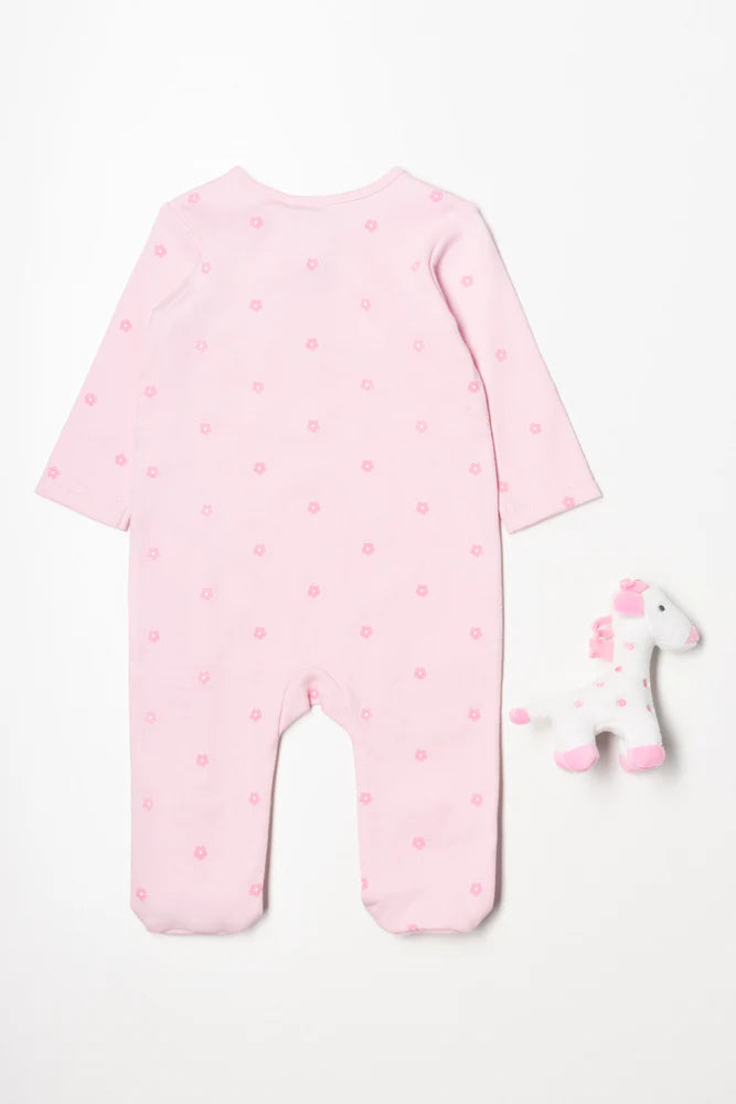 Flower Babygrow With Toy Pink