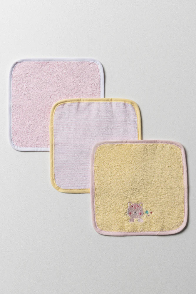 3-pack washandjes wilde dieren roze, wit en geel