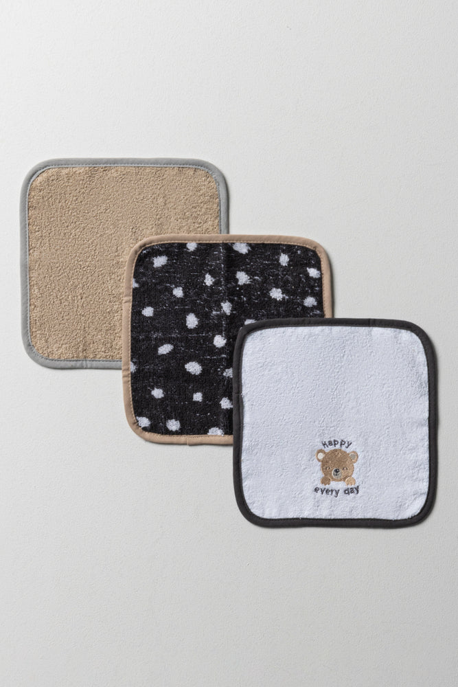 3 Pack Facecloth Bear And Friends Natural, Black & White