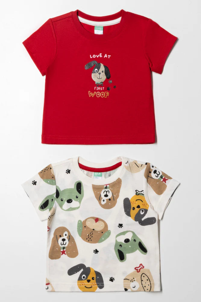 2-pack puppy T-shirts wit en rood
