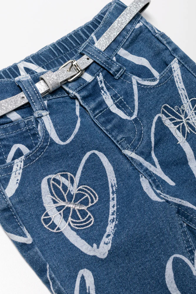 Denim broek met hartjesprint