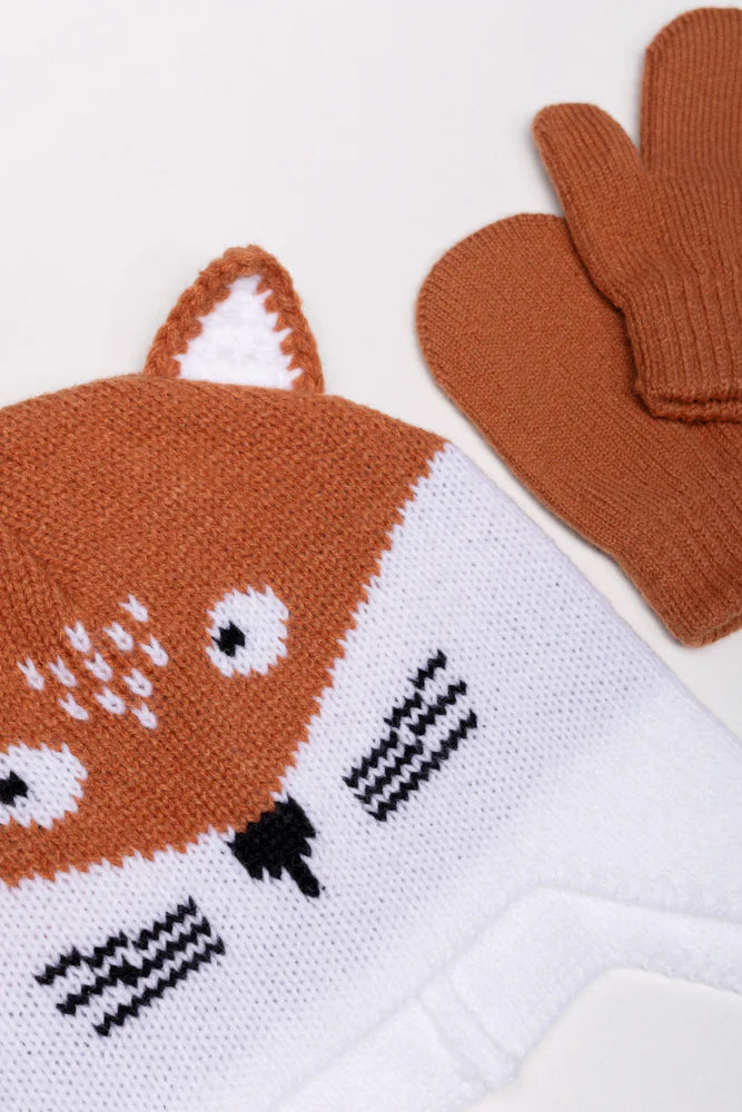 Fox Beanie And Mittens Set Brown