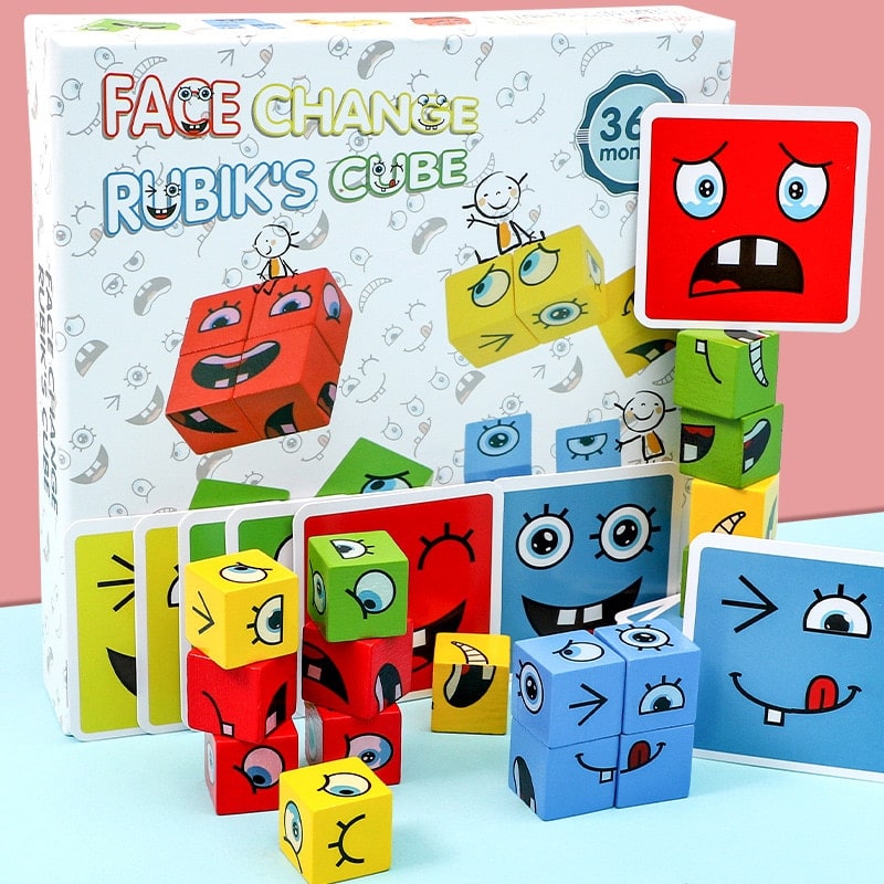 FaceRubrics -Hölzerne Ausdrücke Passende Blockpuzzles Bauwürfel