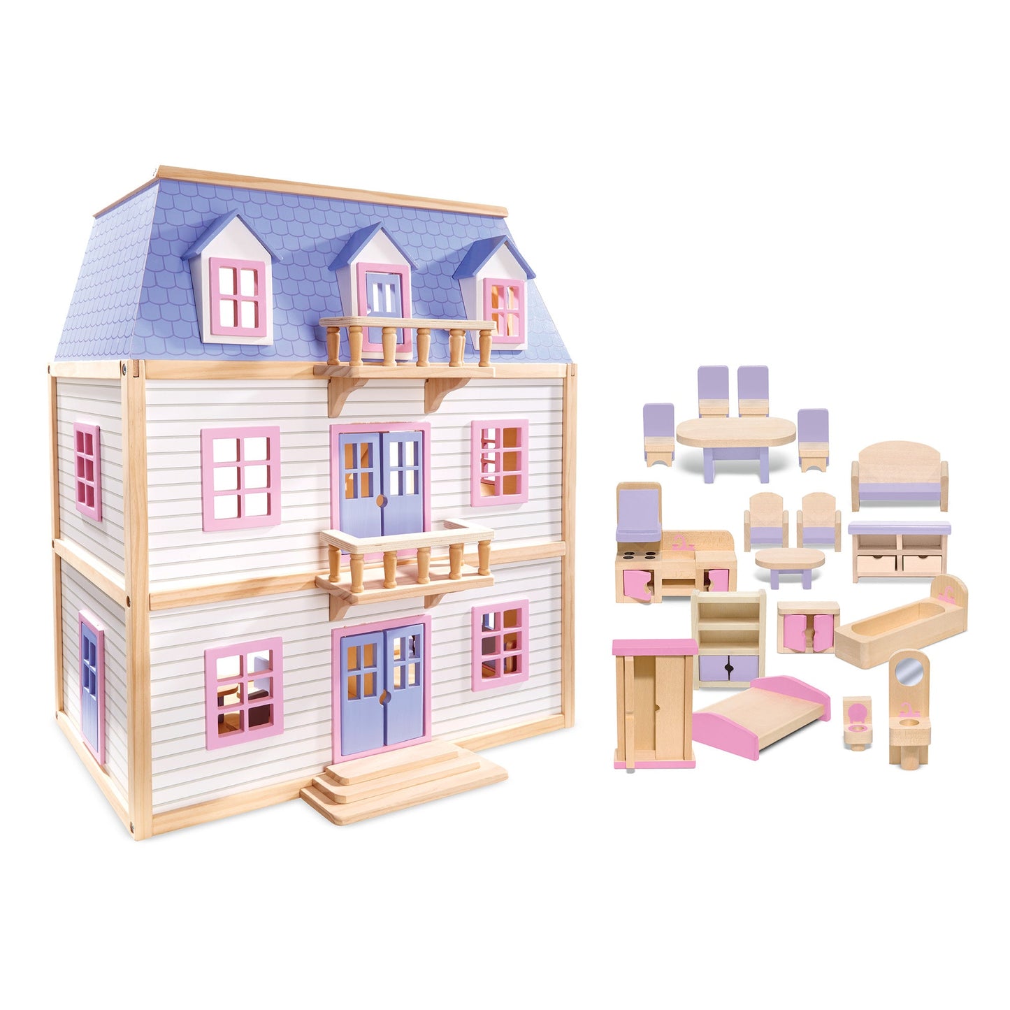 Houten poppenhuis met meerdere verdiepingen