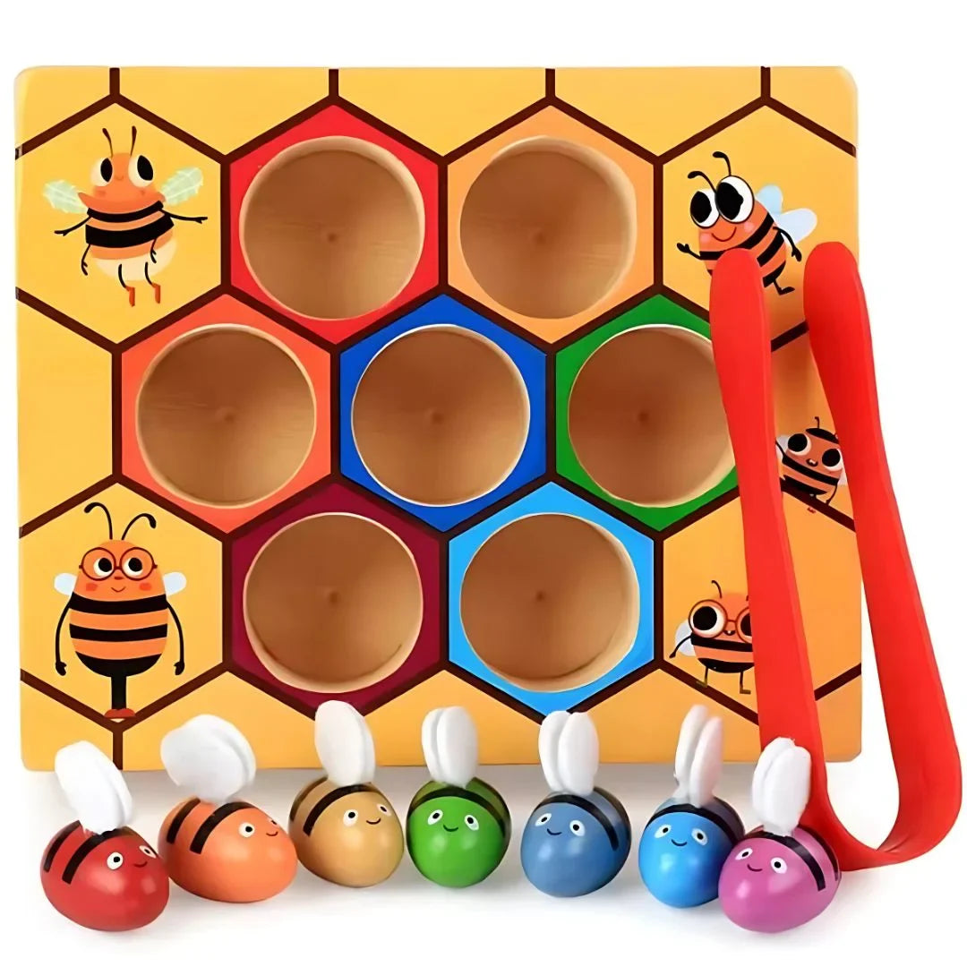 BuzzNest – Montessori Bienen-Farbsortierspiel für Kleinkinder ab 3 Jahren – Pädagogisches Holzspiel mit Pinzette
