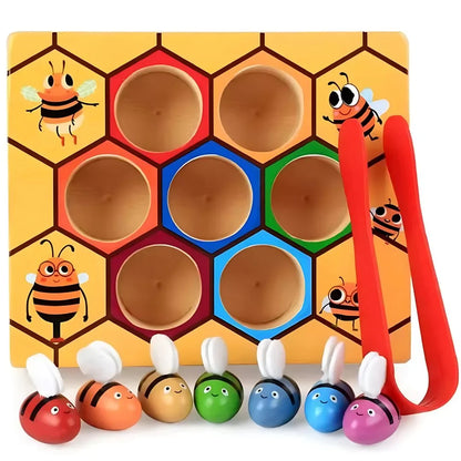 BuzzNest – Montessori Bienen-Farbsortierspiel für Kleinkinder ab 3 Jahren – Pädagogisches Holzspiel mit Pinzette