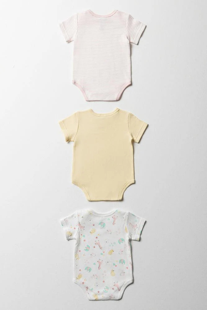 3 Pack Short Sleeve Bodyvests Pink & Yellow