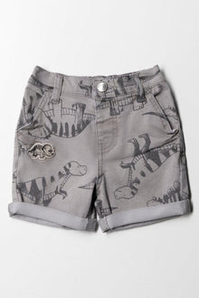 Gestyled denim dinosaurus print shorts grijs