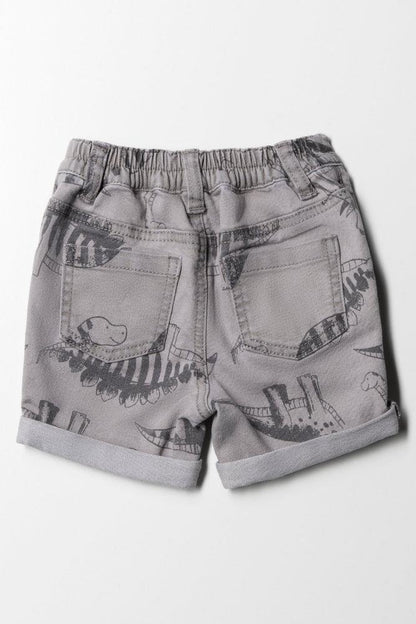 Styled Denim Dinosaur Printed Shorts Grey