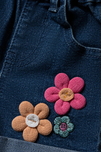 Flower Denim Shorts Blue