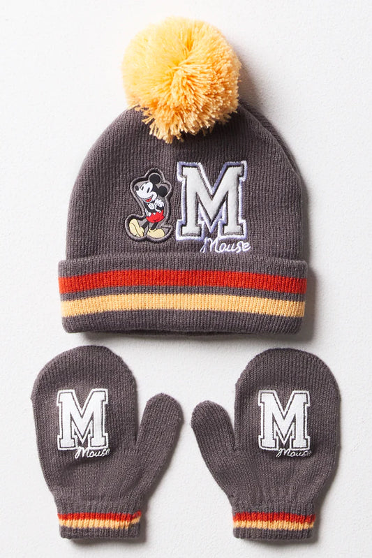 Mickey Mouse Beanie & Mittens Set Dark Grey