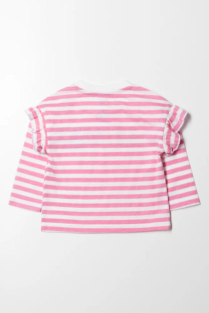 Koszulka z długim rękawem Love Stripe Frill w kolorze różowym