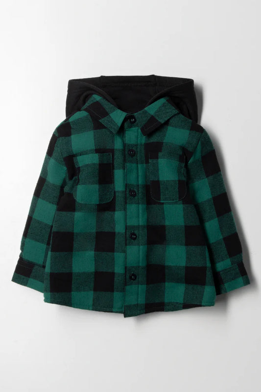 Hooded Check Shacket Zwart en Blauwgroen
