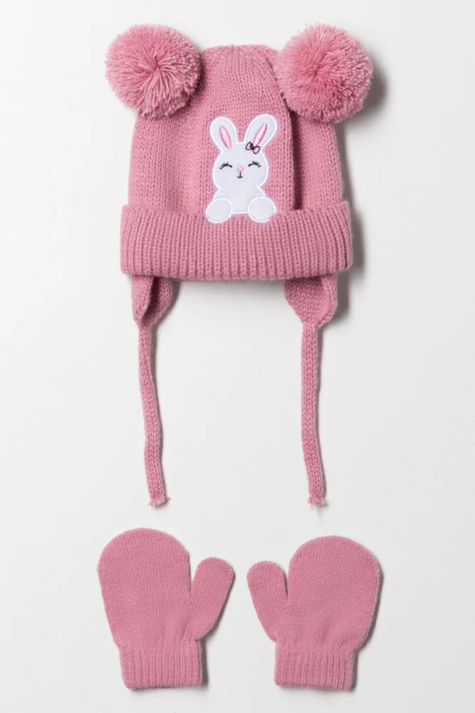 Bunny Beanie en wanten set roze