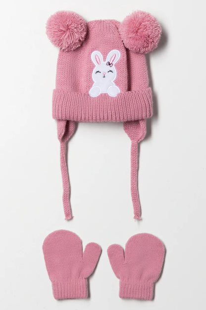 Bunny Beanie en wanten set roze