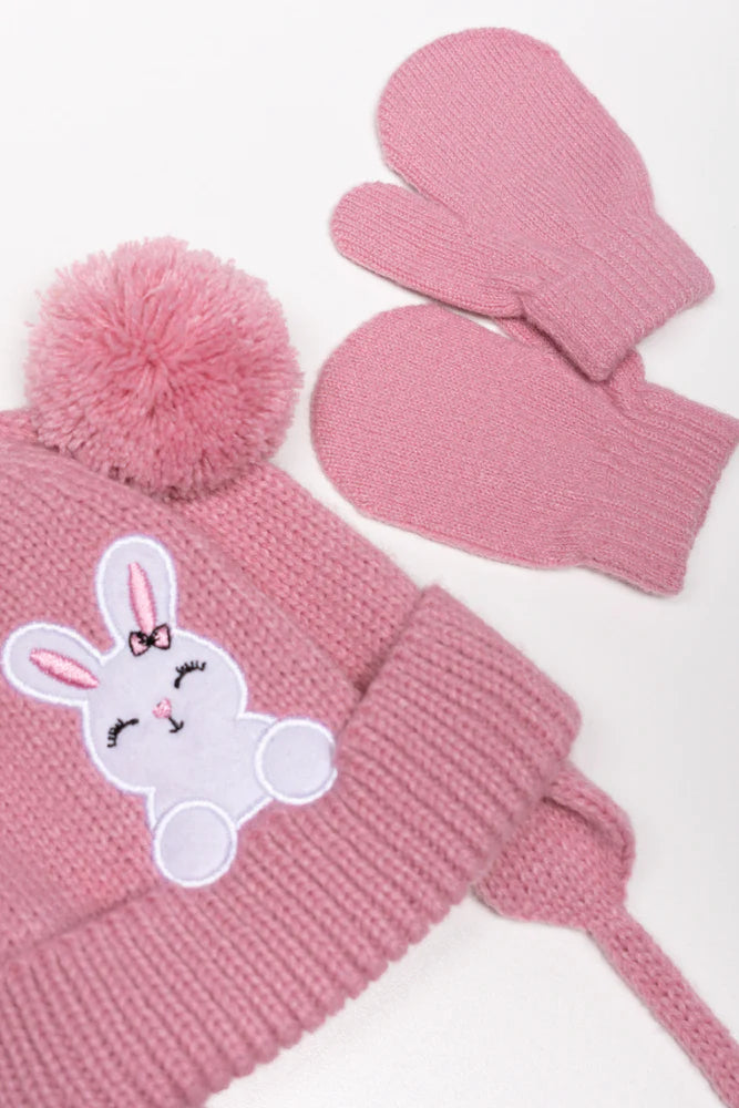 Bunny Beanie en wanten set roze