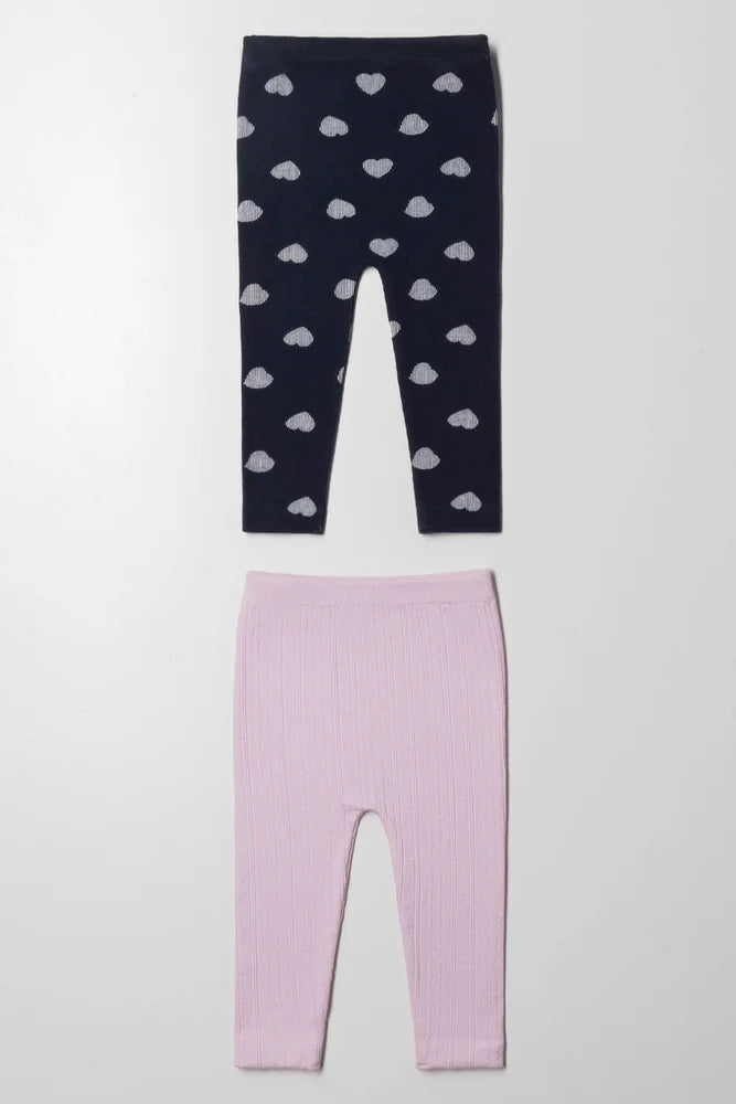 2-pack kabelgebreide leggings marineblauw en roze