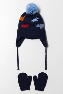 Dinosaurus muts en wanten set marineblauw