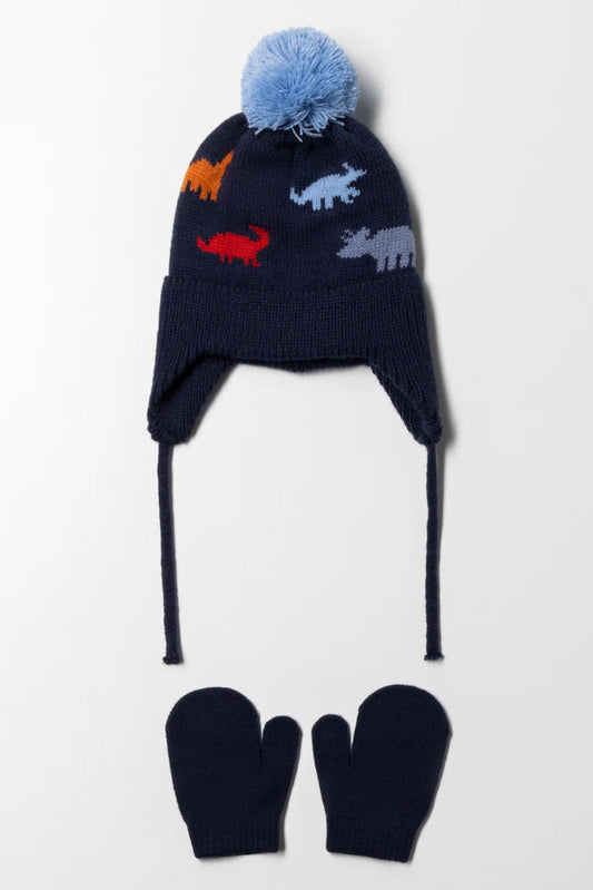 Dinosaur Beanie And Mittens Set Navy