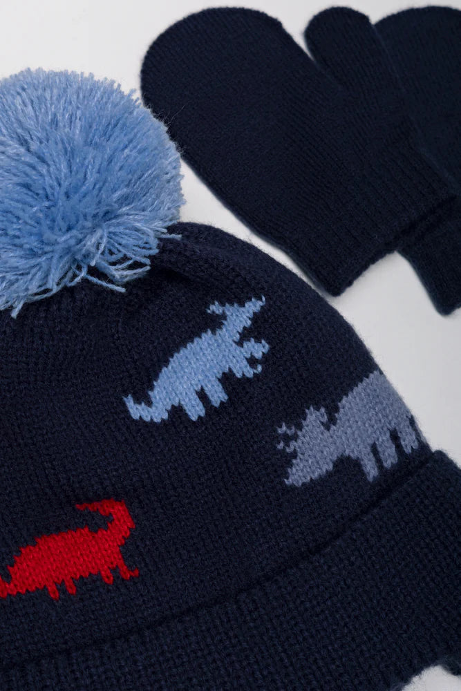 Dinosaur Beanie And Mittens Set Navy