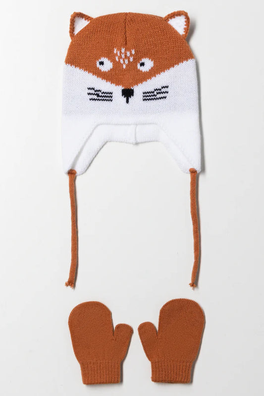 Fox Beanie And Mittens Set Brown