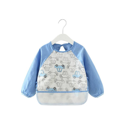 Baby schort met lange mouwen, schort, slabbetje, blauwe auto's