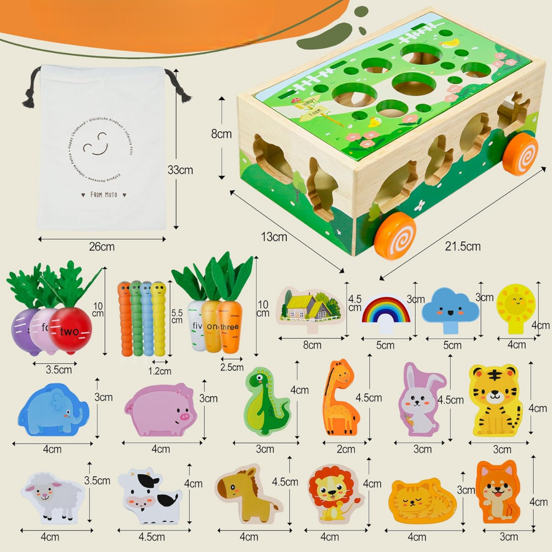 VeggieVans – Montessori Holzpuzzle-Wagen – Tier- & Formensortierer – Ab 3 Jahren