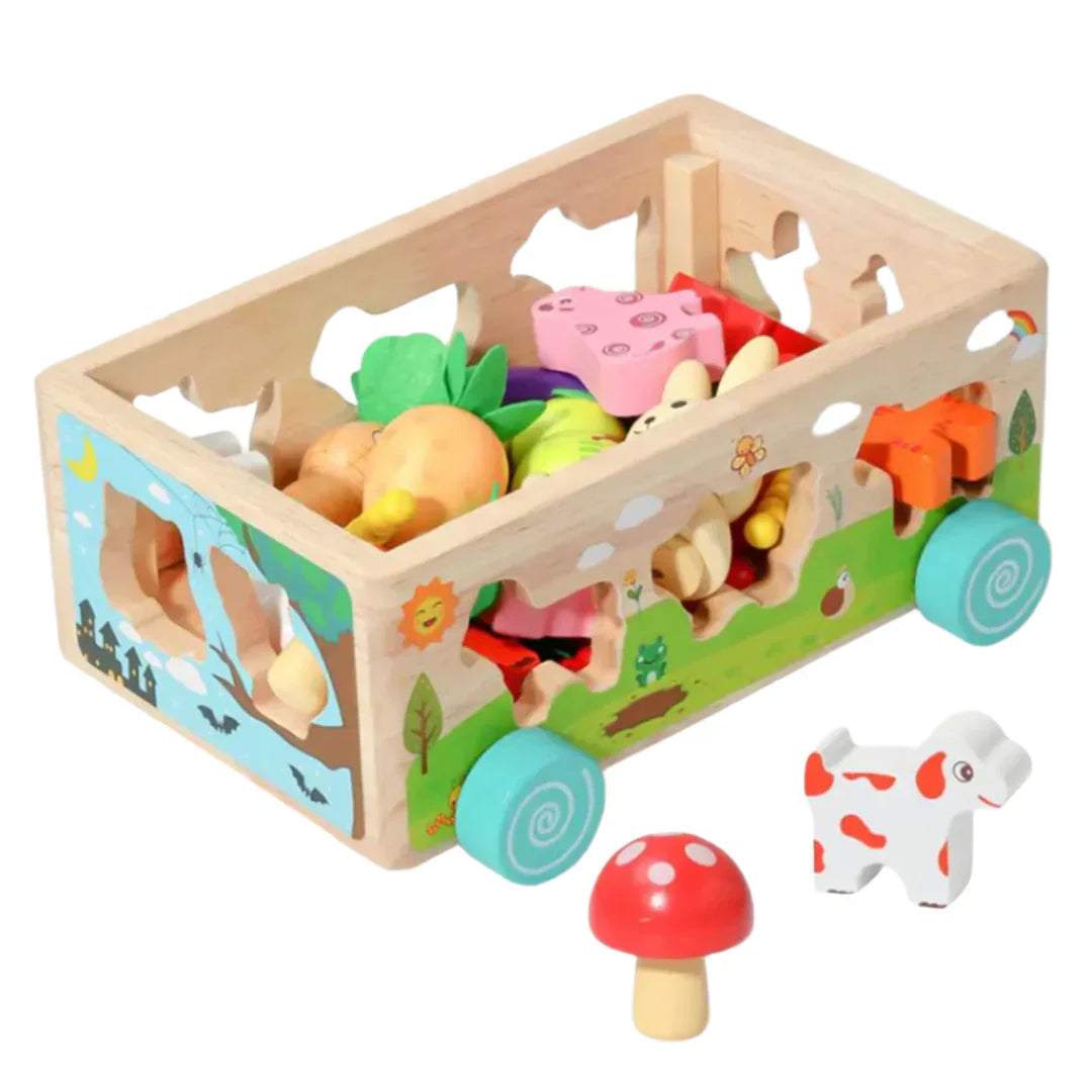 VeggieVans – Montessori Holzpuzzle-Wagen – Tier- & Formensortierer – Ab 3 Jahren