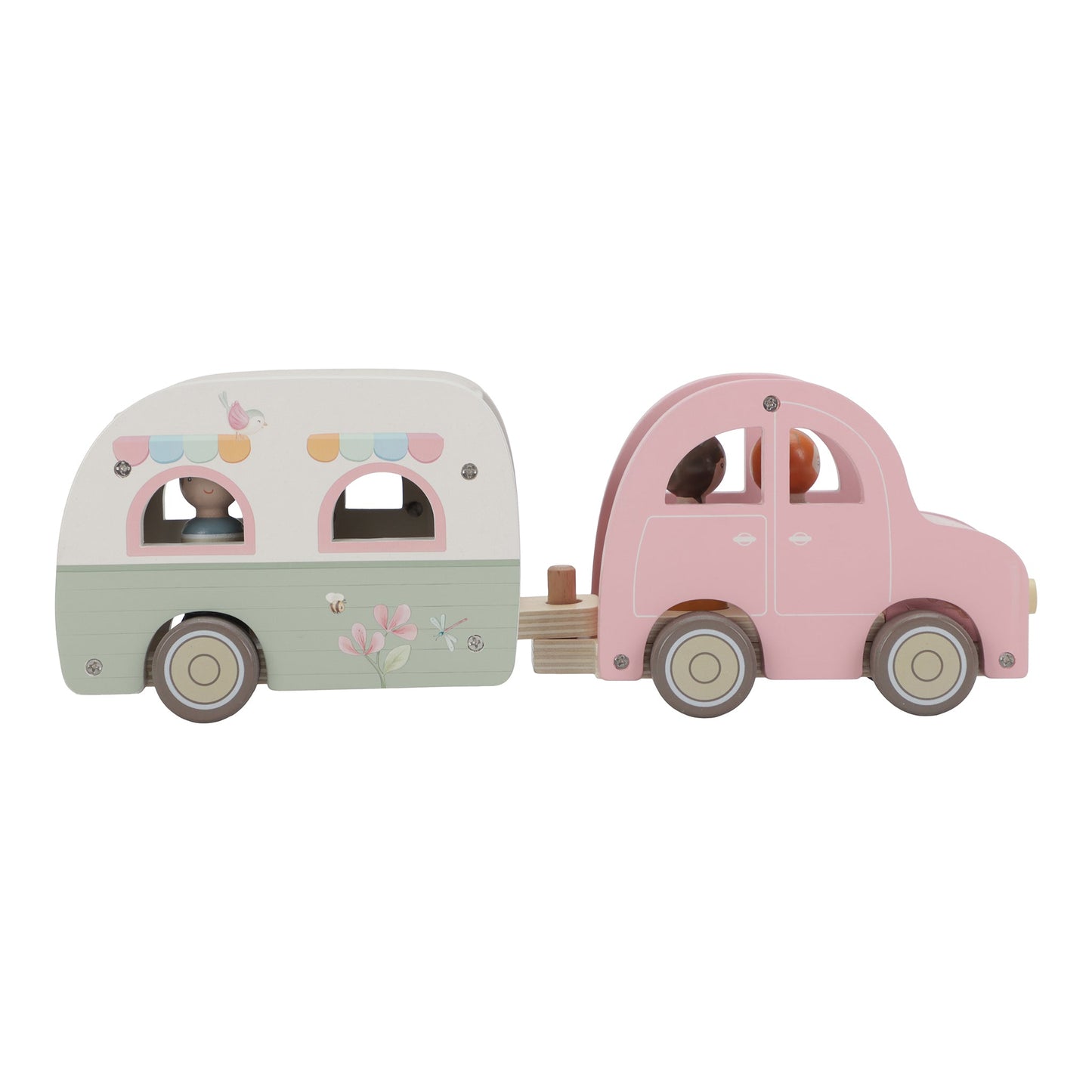 Houten speelgoedauto en caravan