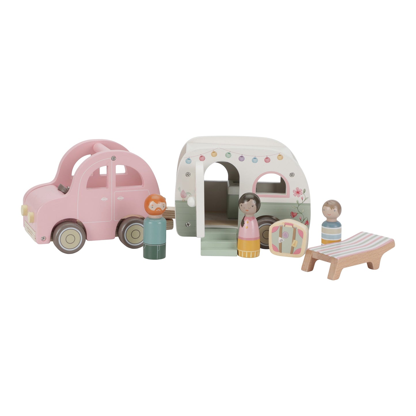 Houten speelgoedauto en caravan